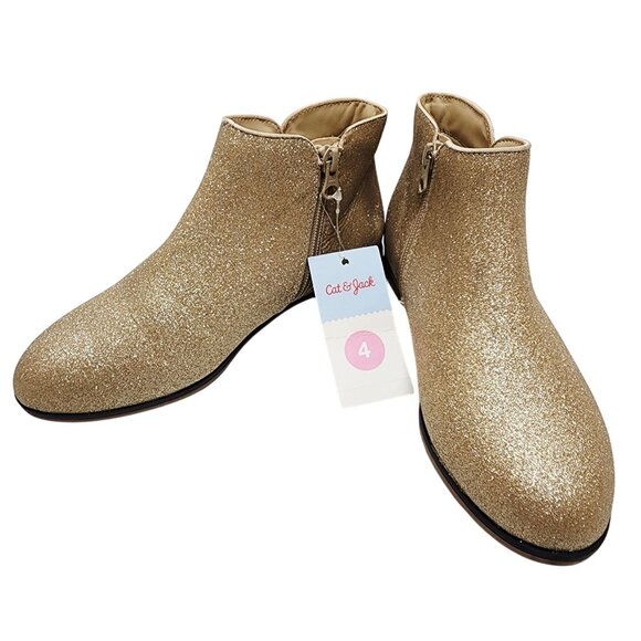 Cat & Jack Girls Glitter Gold Ankle Boots Size 4 With Side Zipper Closure - Picture 3 of 9